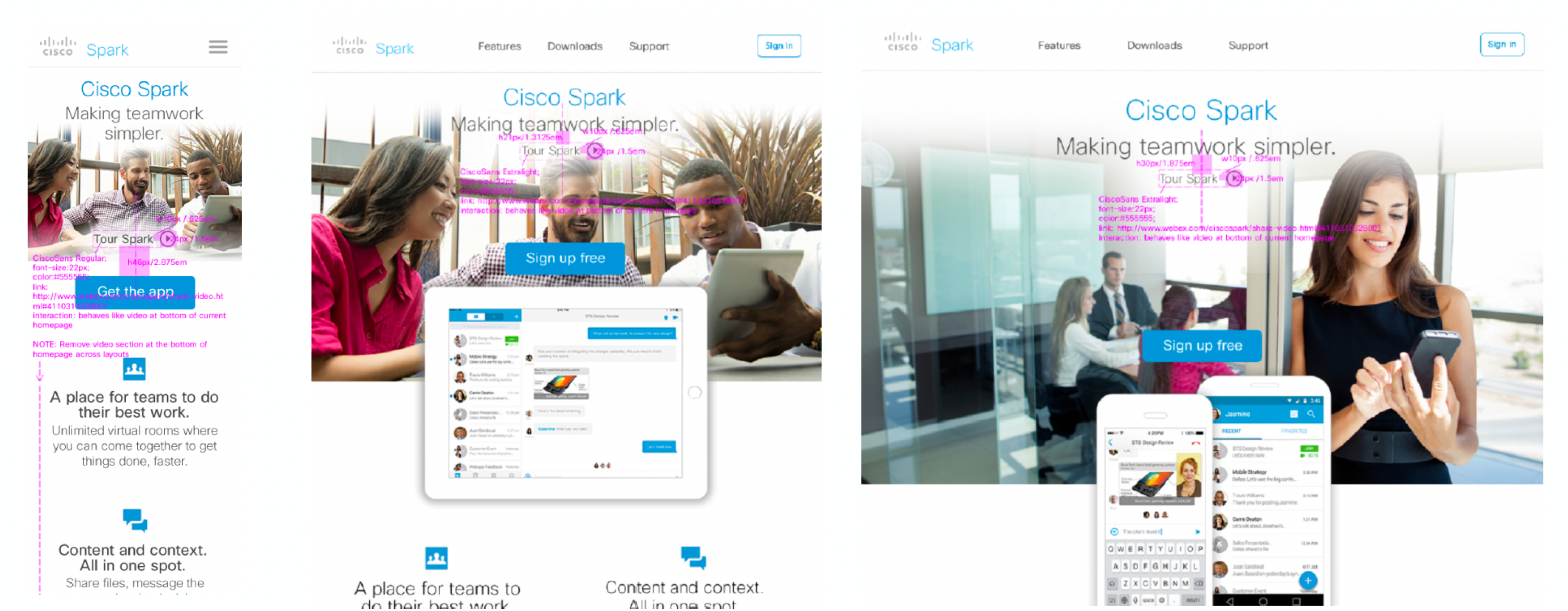Responsive homepage layout sketches across phone, tablet, and desktop